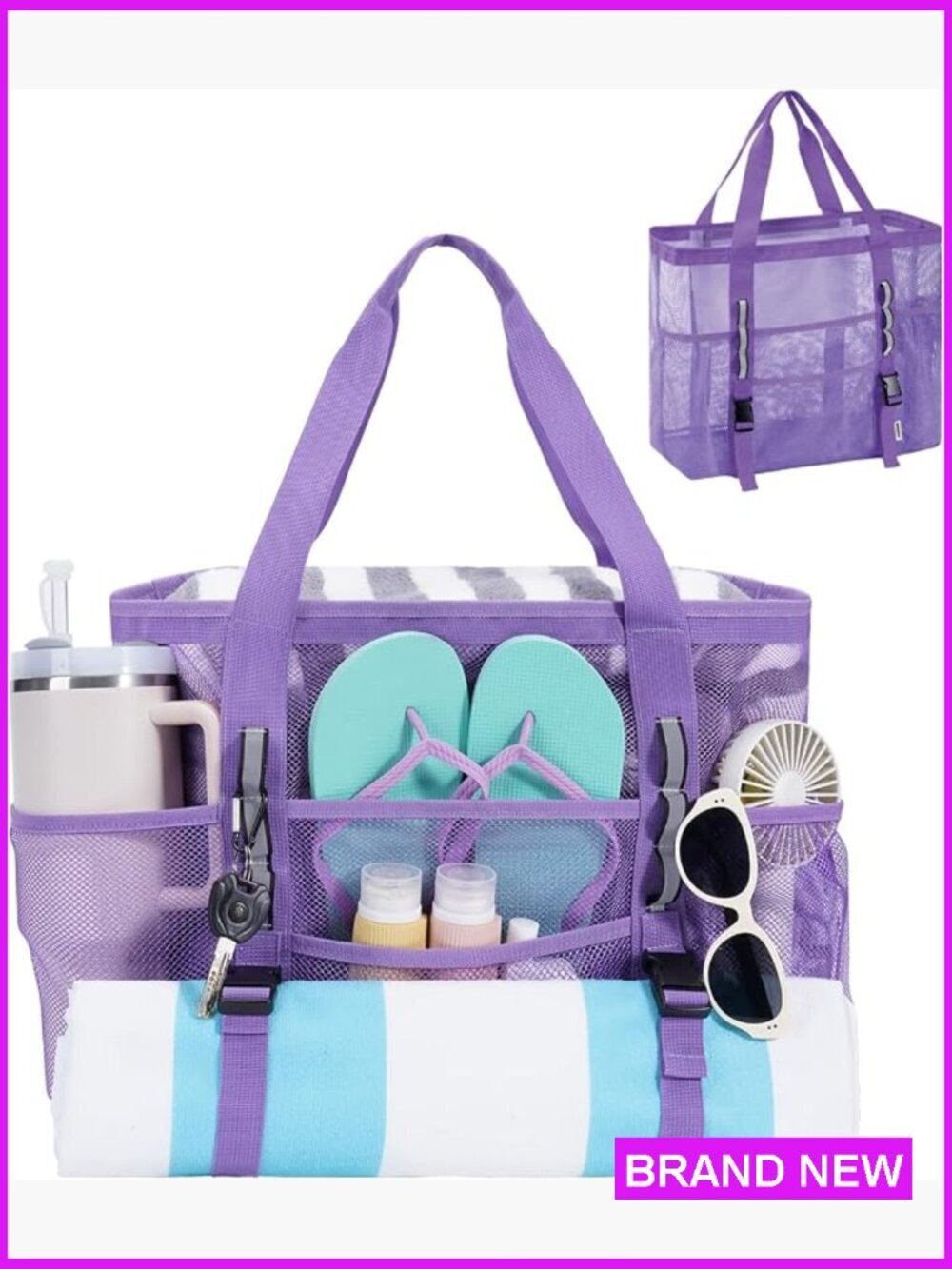 Large Mesh Beach Tote with 40oz Tumbler Pockets, Quick-Dry, Wet Pocket, Zip